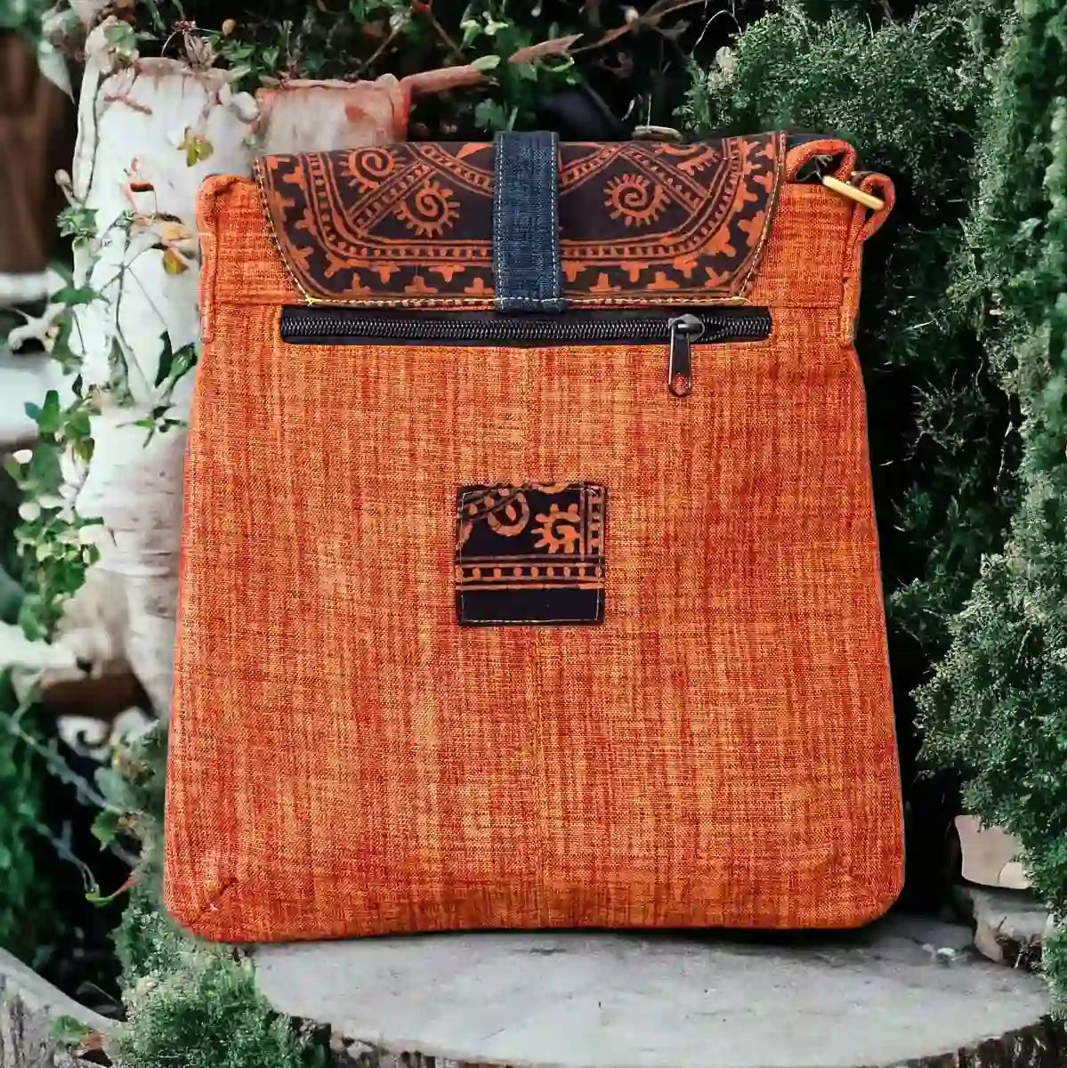 Vindigo crossbody bag orange embroidered with denim back view