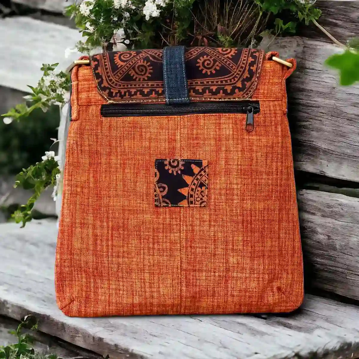 Vindigo crossbody bag orange embroidered denim variant back view