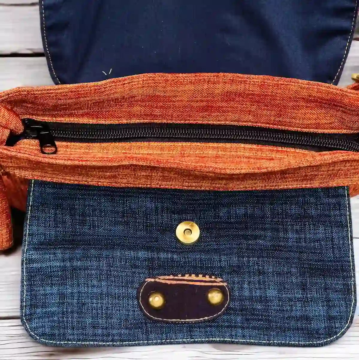 Vindigo crossbody bag orange embroidered denim variant pocket detail