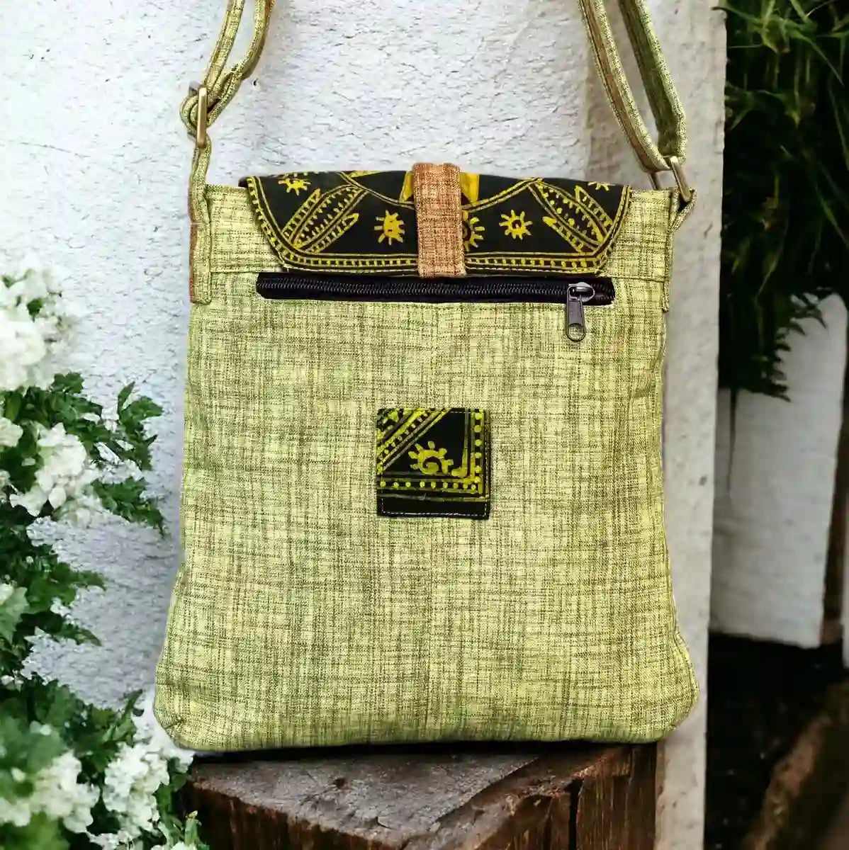 Vindigo crossbody bag yellow embroidered batik sun back view