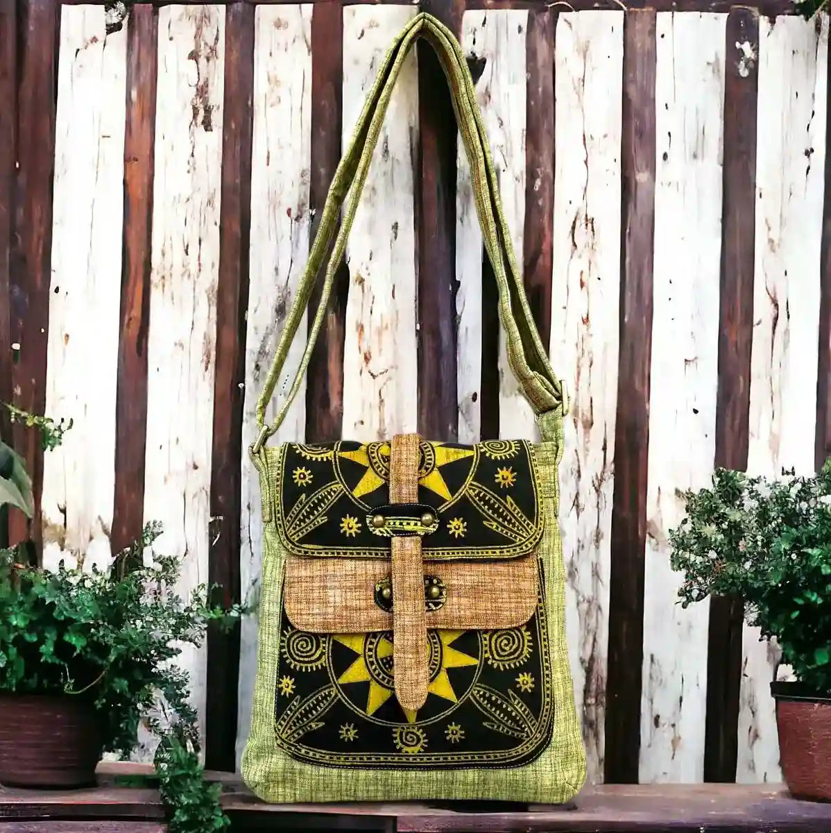 Vindigo crossbody bag yellow embroidered batik sun front view