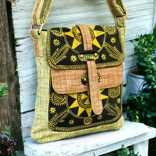 Vindigo crossbody bag yellow embroidered batik sun front close view