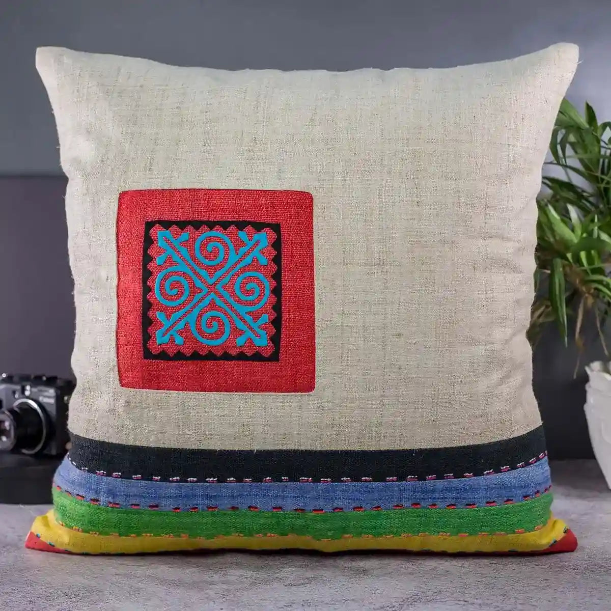 Vindigo cushion cover beige embroidered geometric front straight view