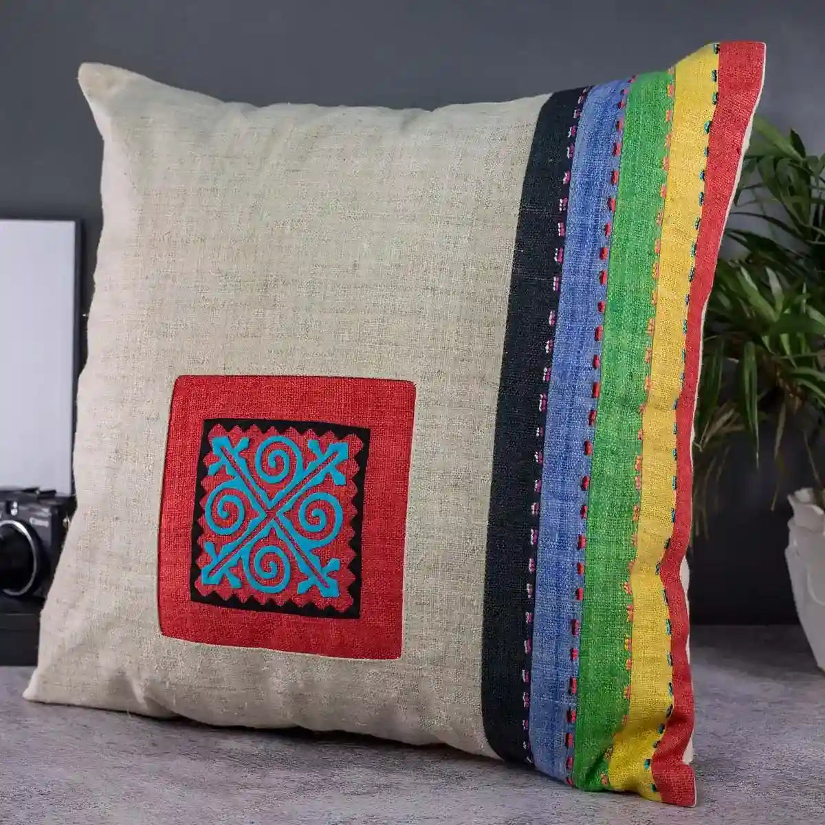 Vindigo cushion cover beige embroidered geometric front with rainbow stripe
