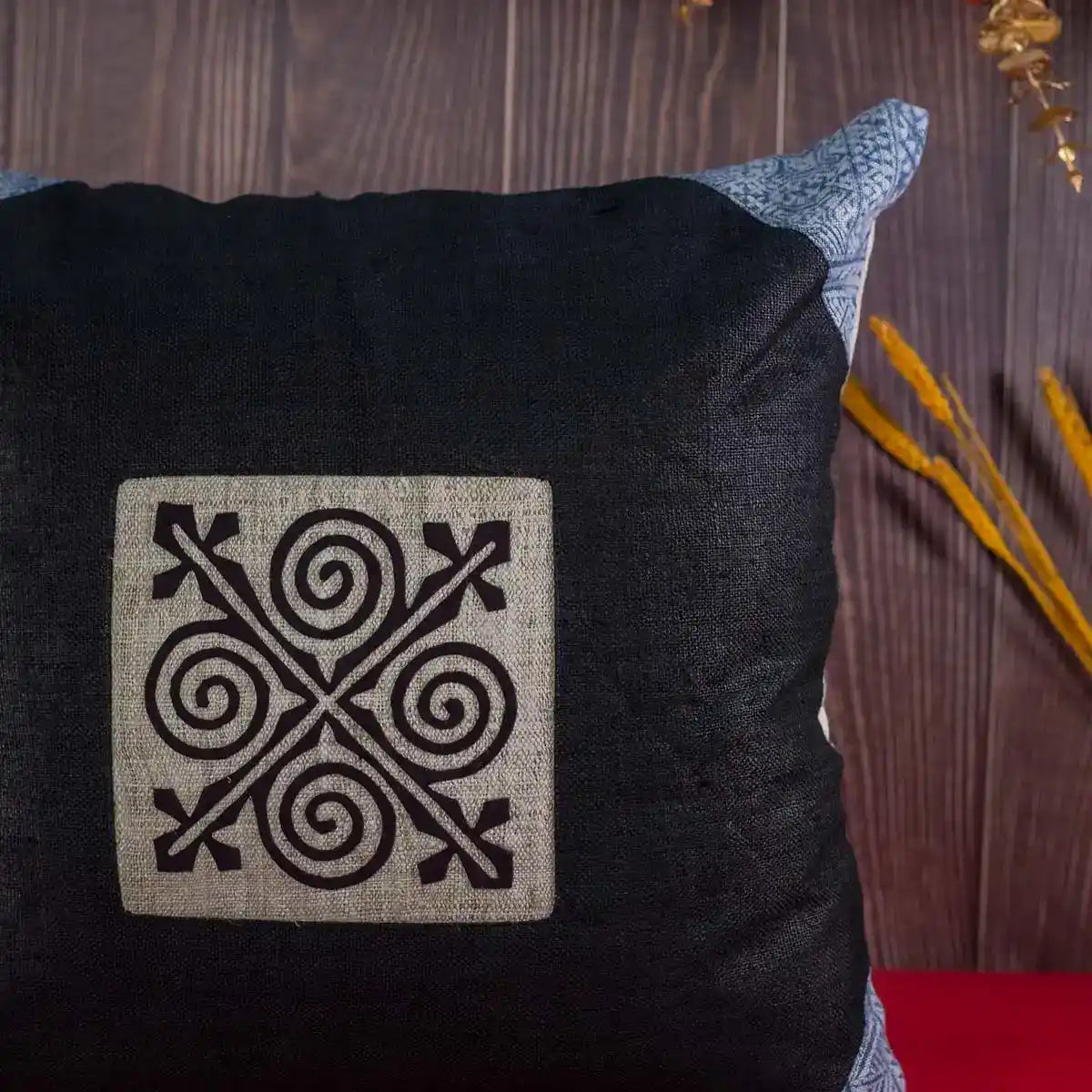 Vindigo cushion cover black embroidered spiral front straight view