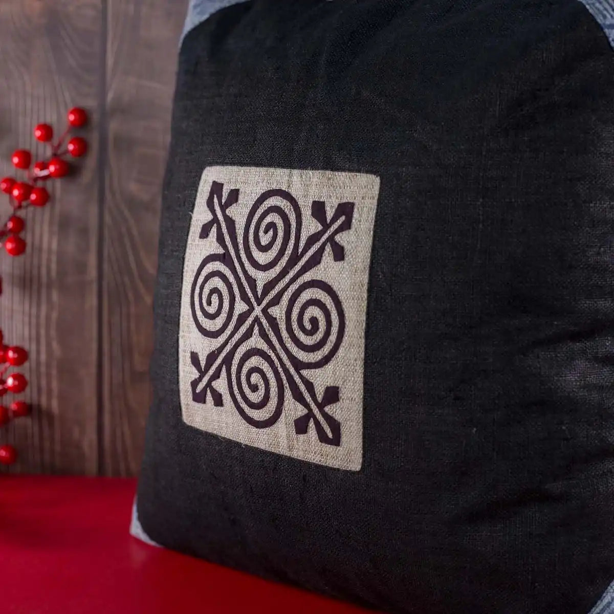 Vindigo cushion cover black embroidered spiral side display