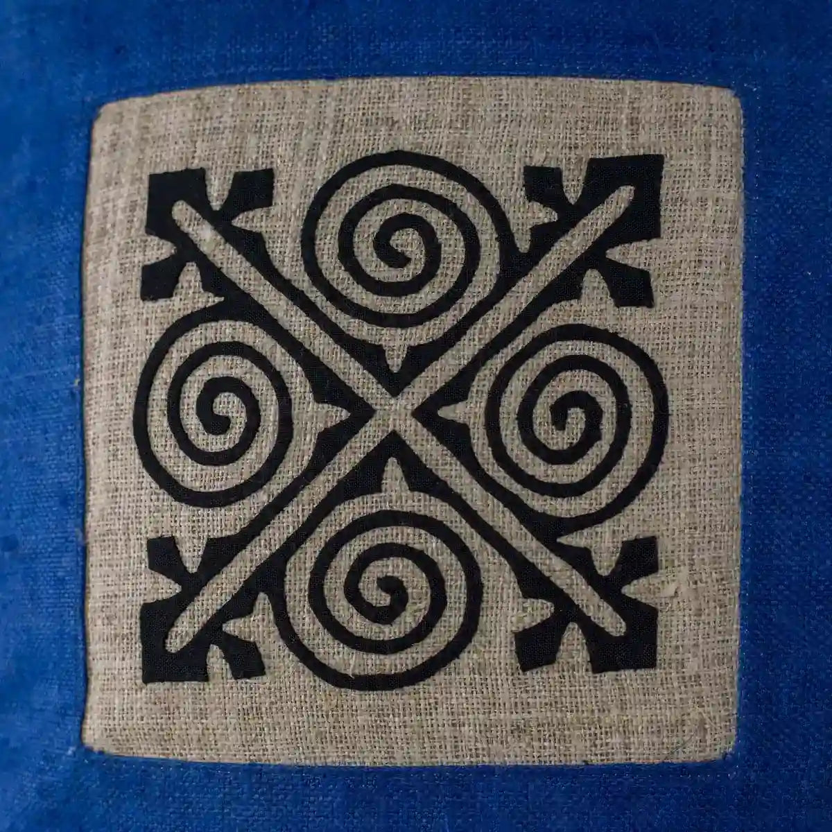 Vindigo cushion cover blue embroidered spiral embroidery close detail