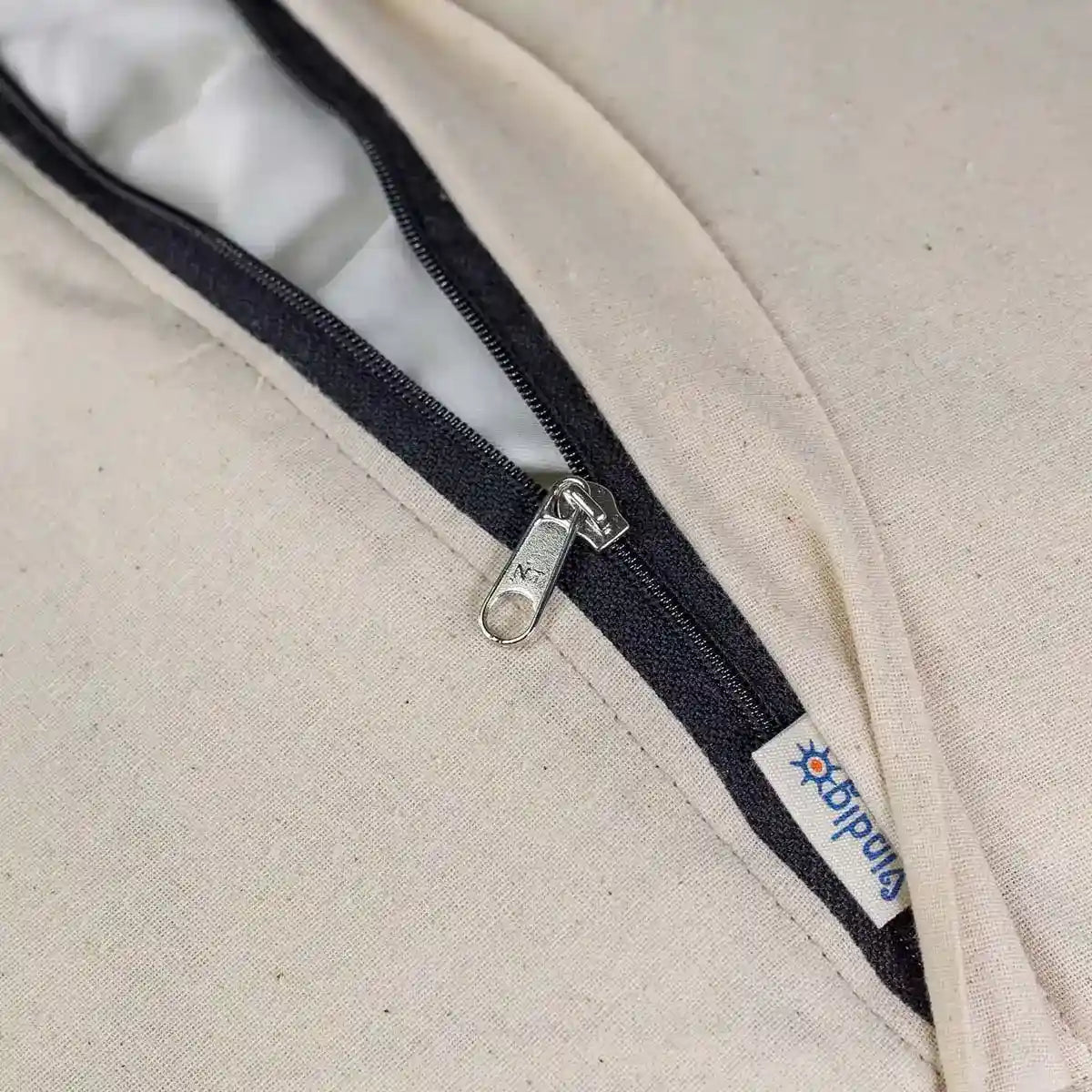 Vindigo cushion cover blue embroidered spiral dot zipper close-up