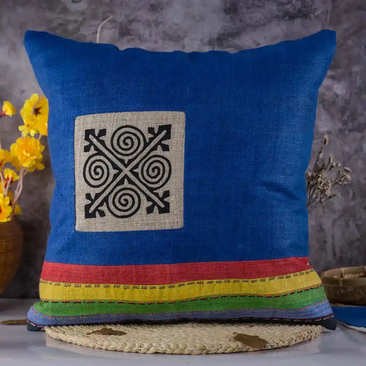 Vindigo cushion cover blue embroidered spiral front angled view