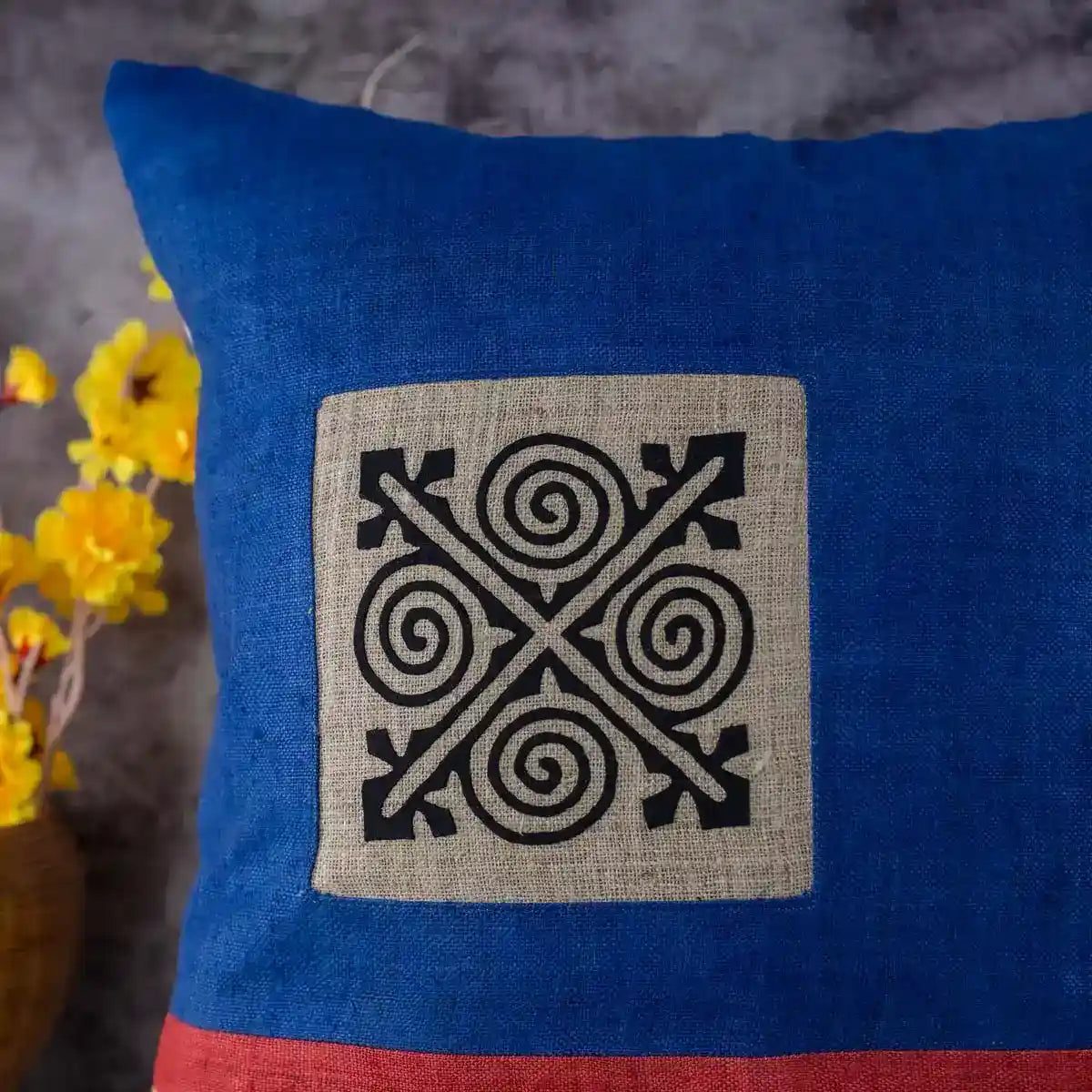 Vindigo cushion cover blue embroidered spiral front straight view
