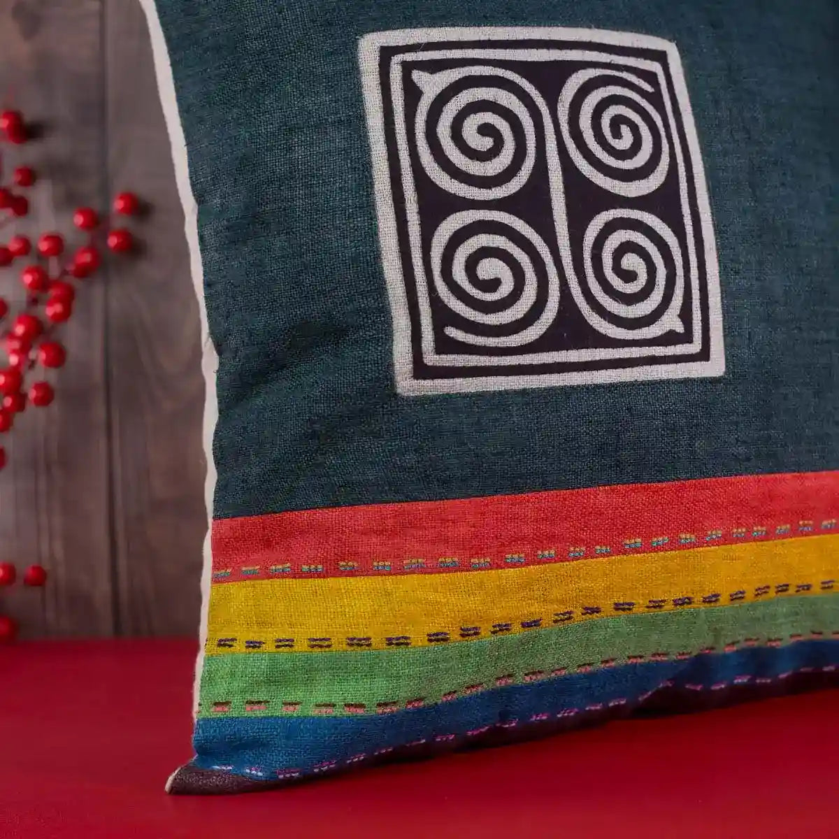 Vindigo cushion cover dark blue embroidered spiral close embroidery detail