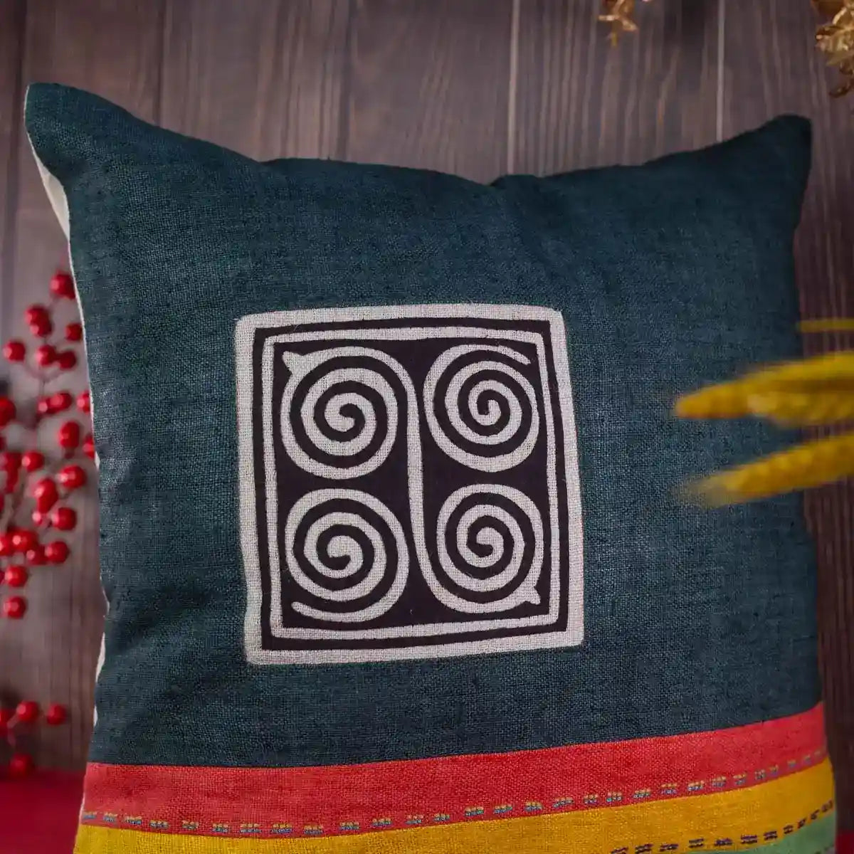 Vindigo cushion cover dark blue embroidered spiral straight display