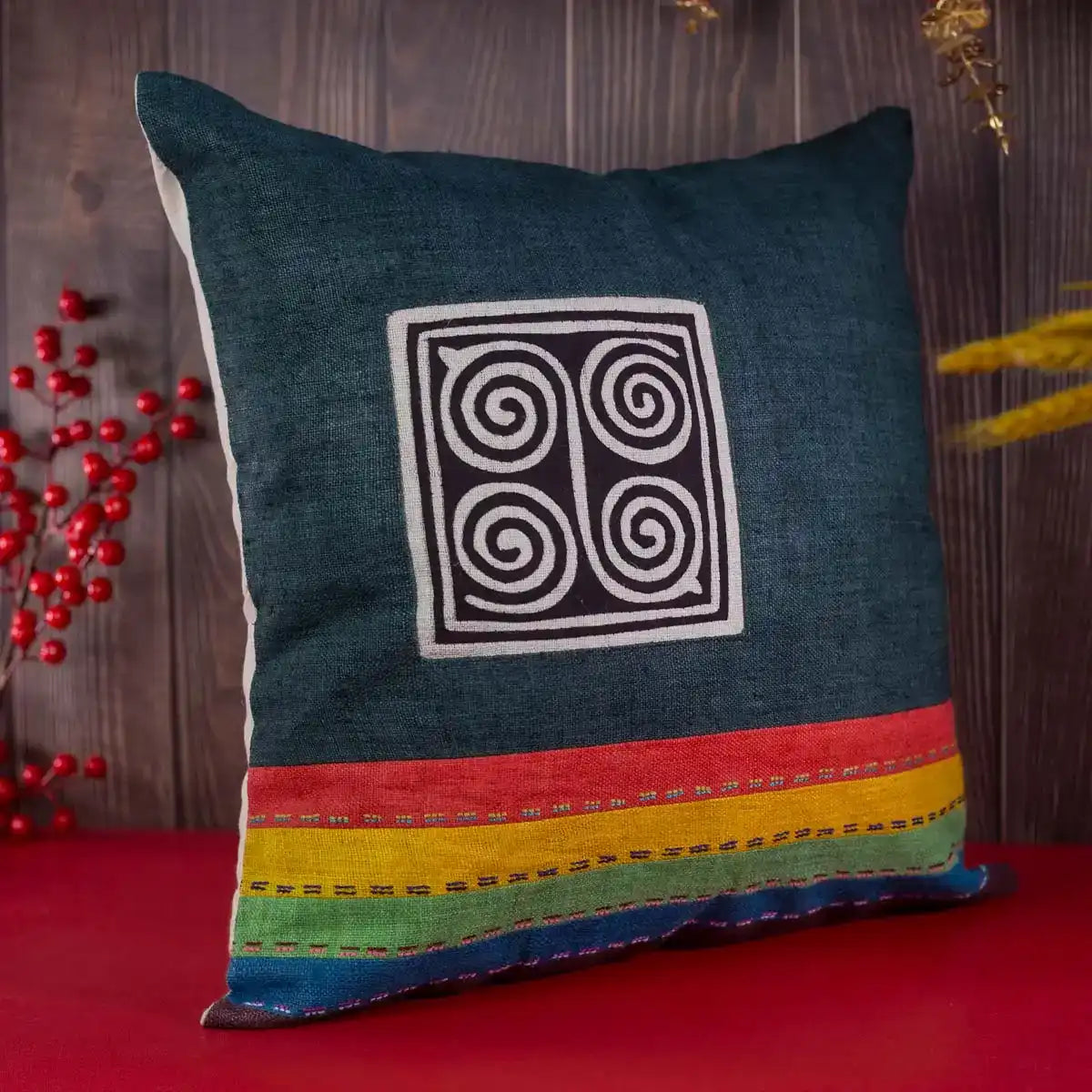 Vindigo cushion cover dark blue embroidered spiral front flat view