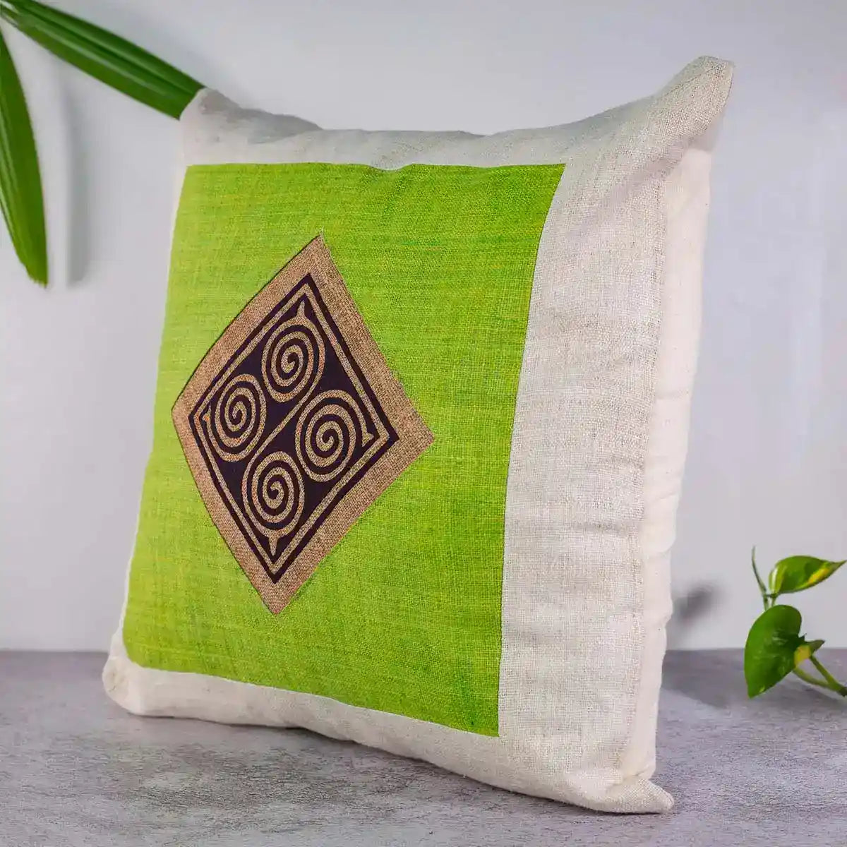 Vindigo cushion cover green embroidered spiral side view