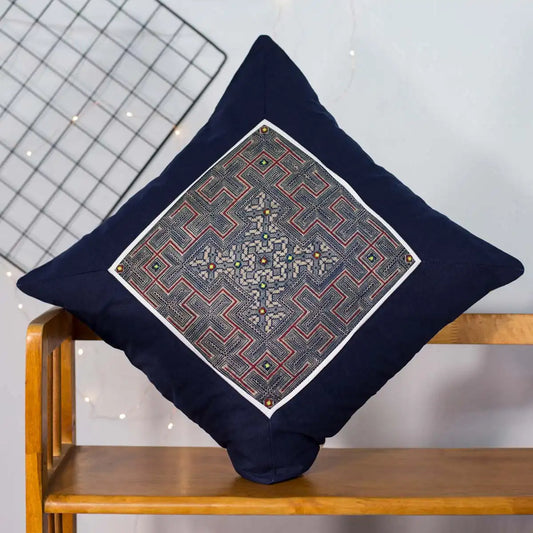 Vindigo cushion cover navy embroidered front close view