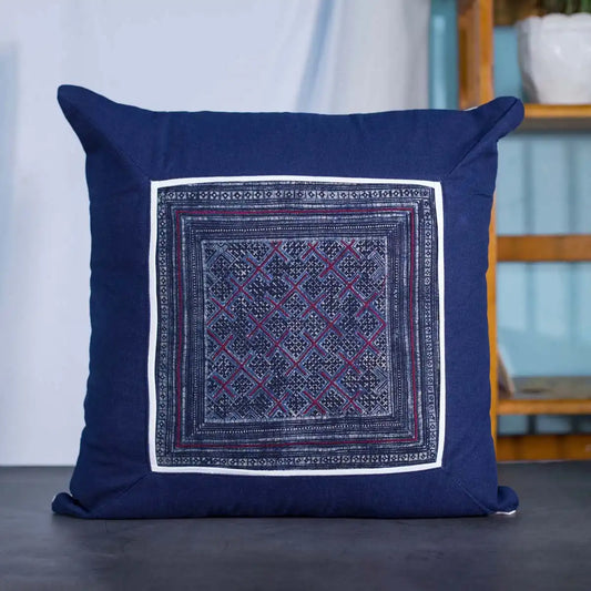 Vindigo cushion cover navy embroidered red grid front view