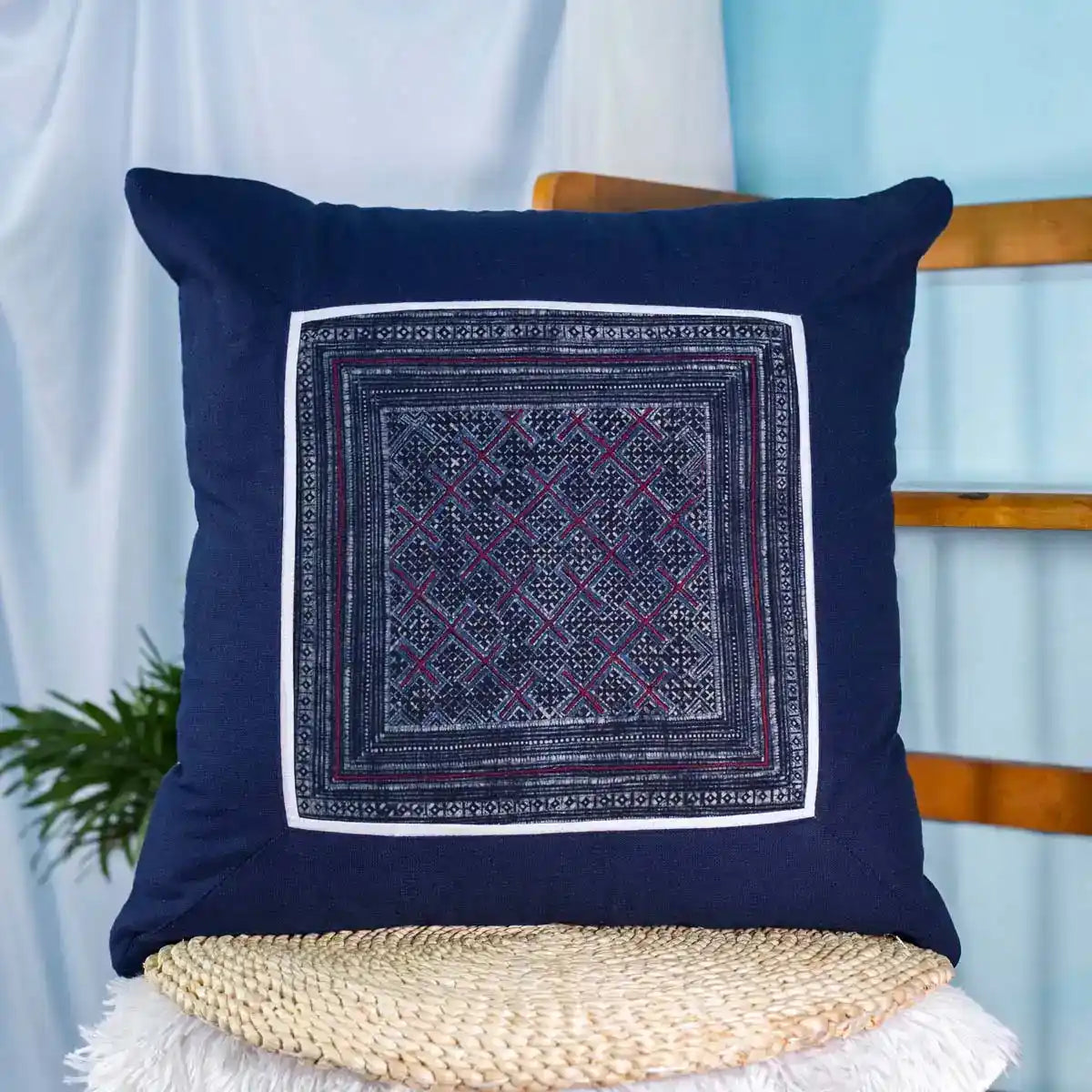 Vindigo cushion cover navy embroidered red grid front close view