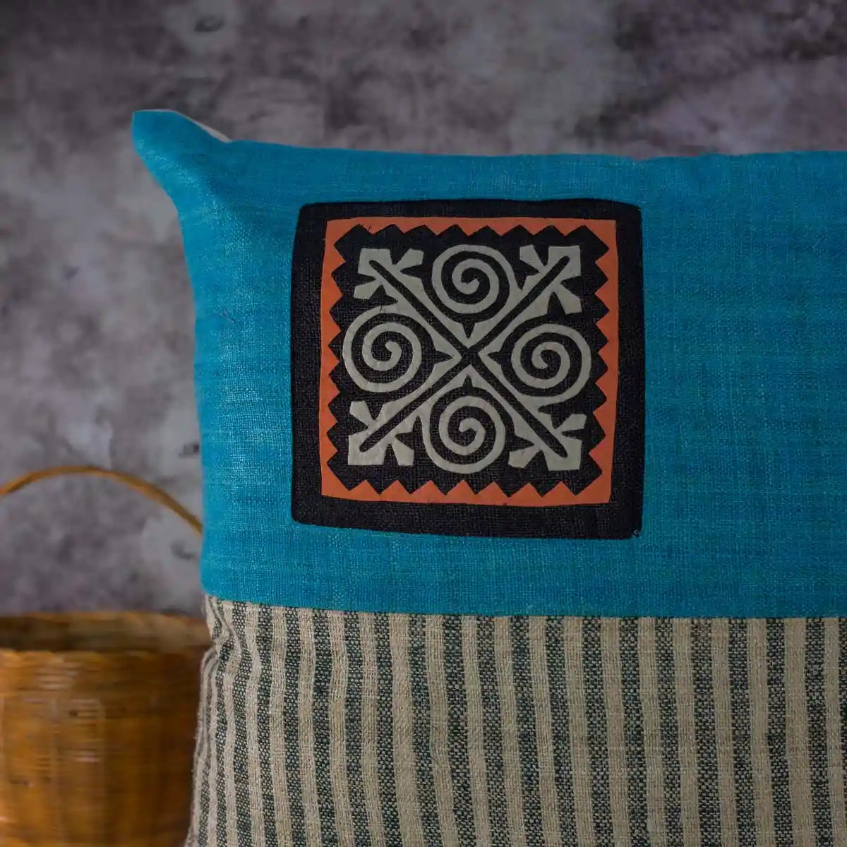 Vindigo cushion cover blue beige spiral front view with embroidery