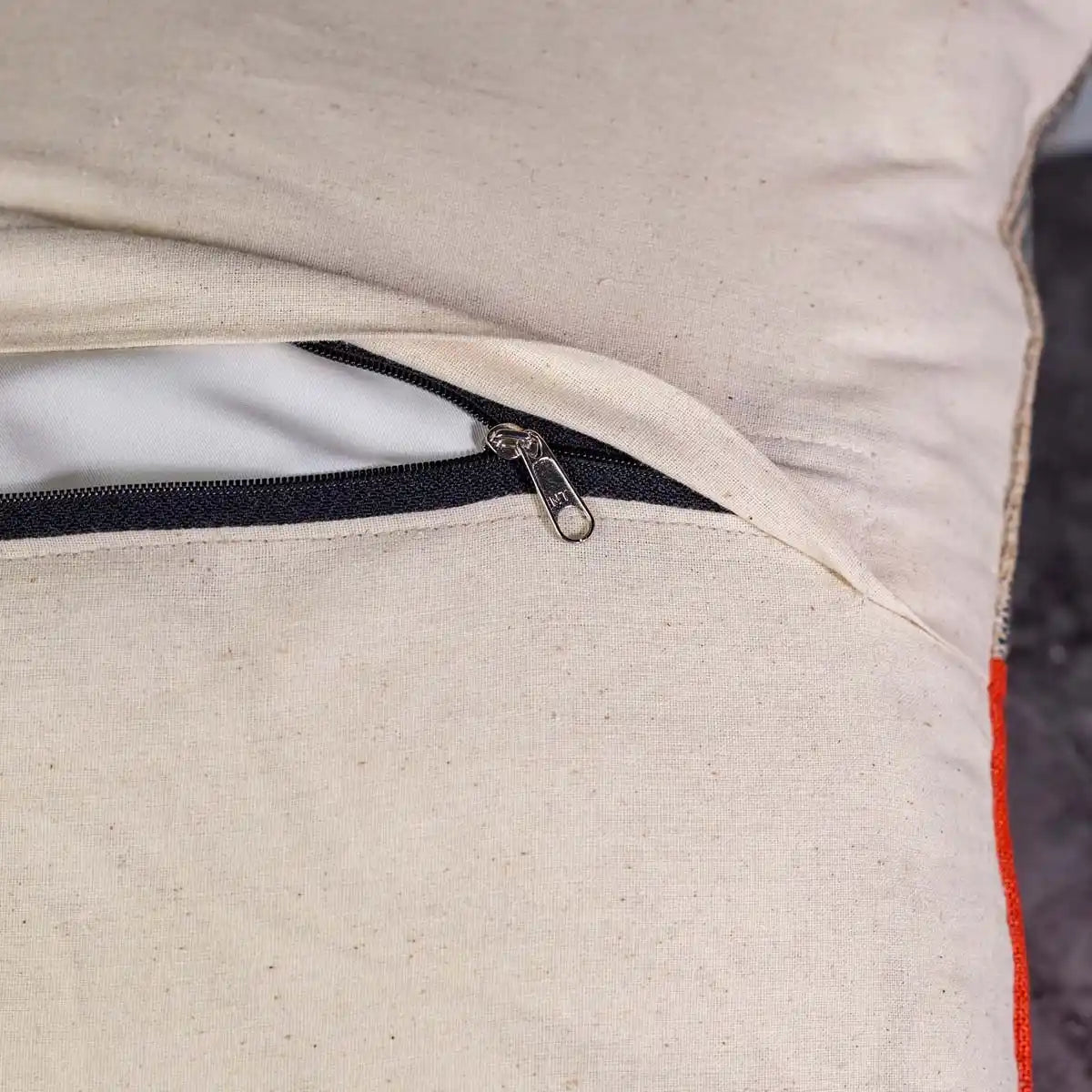 Vindigo cushion cover orange beige hemp spiral back zipper view