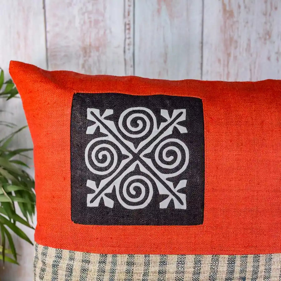 Vindigo cushion cover orange beige hemp spiral embroidery detail