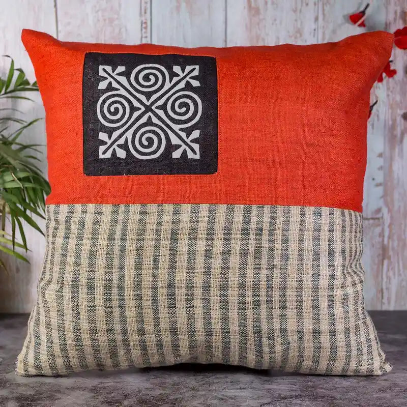 Vindigo cushion cover orange beige hemp spiral front view