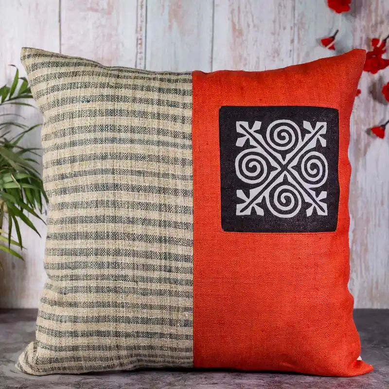 Vindigo cushion cover orange beige hemp spiral full front view