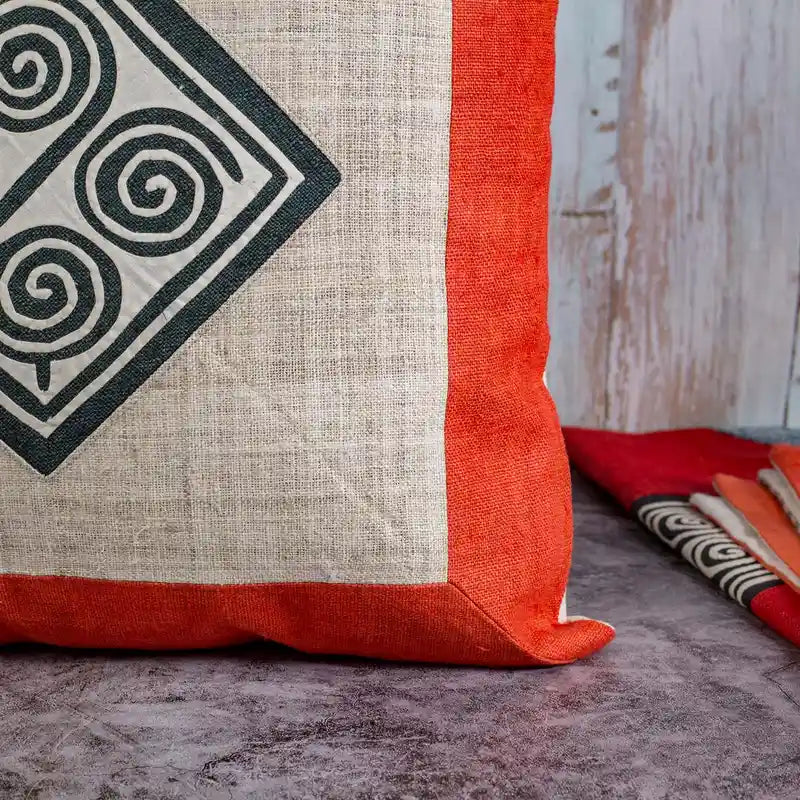 Vindigo cushion cover orange hemp spiral side close detail