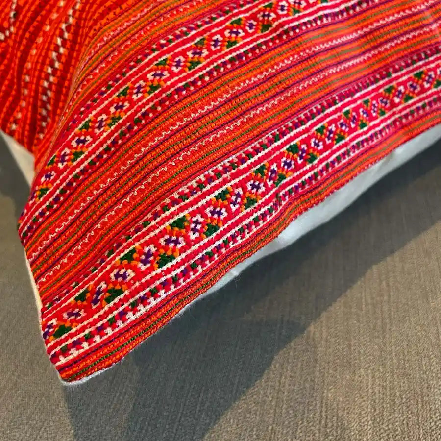 Vindigo cushion cover red ethnic embroidered angled side view