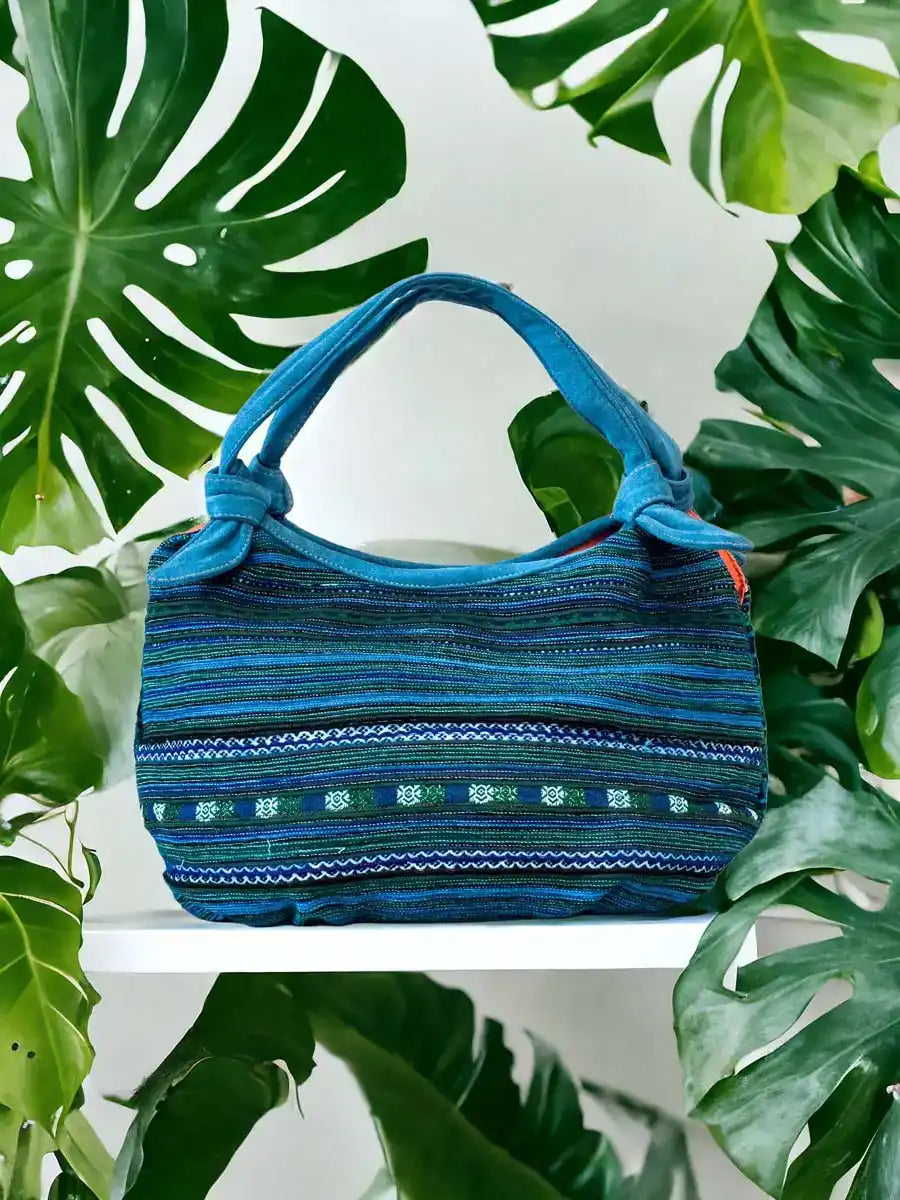 Vindigo handbag blue embroidered with orange lining front view