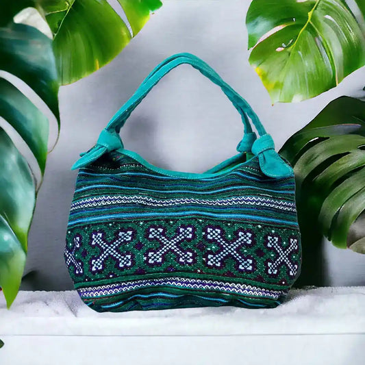 Vindigo handbag teal embroidered with green lining back view