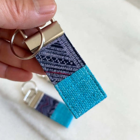 Vindigo keychain blue embroidered close detail with metal ring