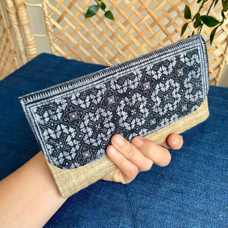 Vindigo long purse beige indigo embroidered front view hand holding