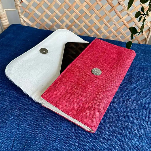 Vindigo long purse red ethnic embroidered lifestyle view with phone