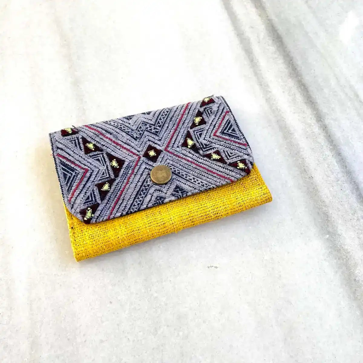 Vindigo wallet yellow embroidered front single view
