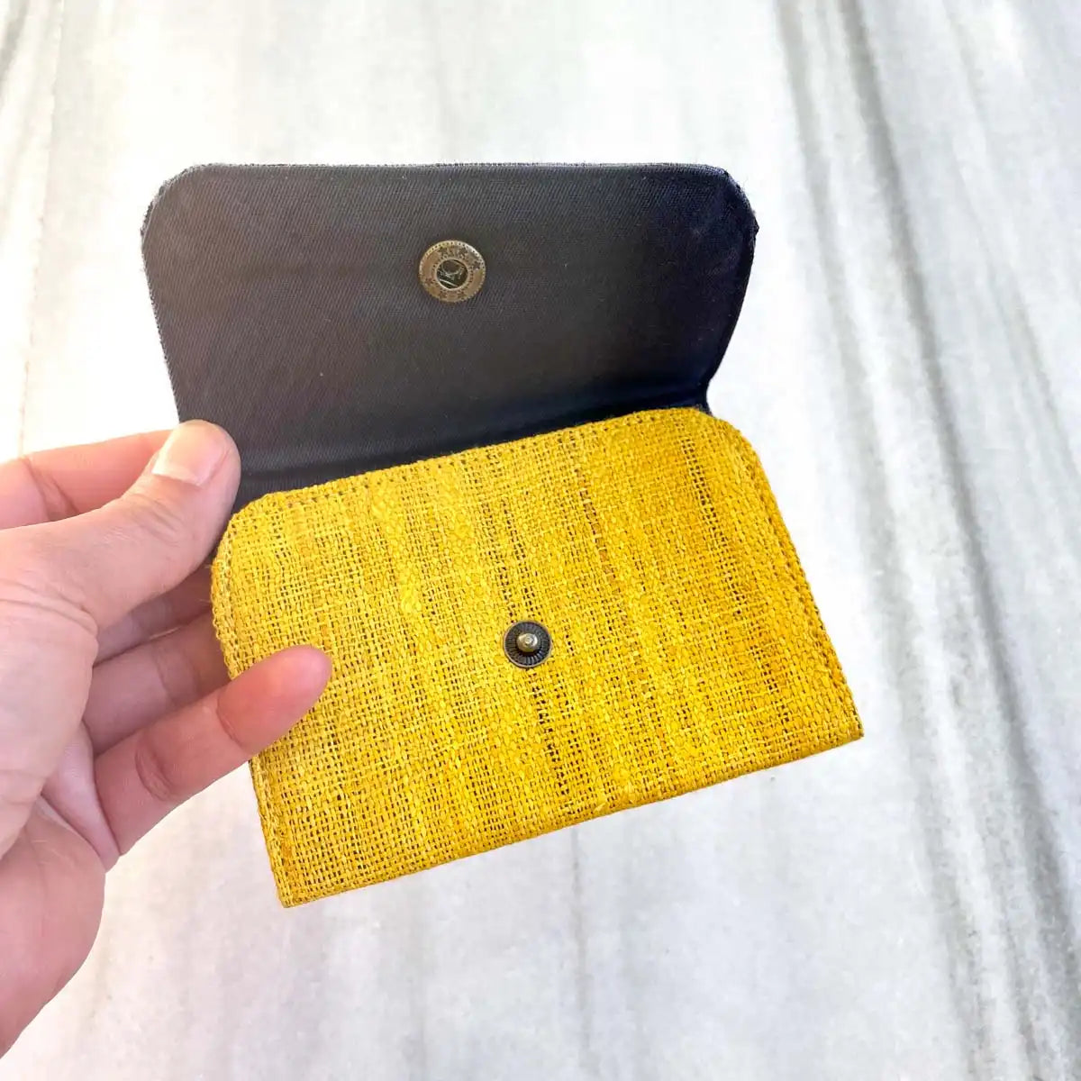 Vindigo wallet yellow embroidered open inside view