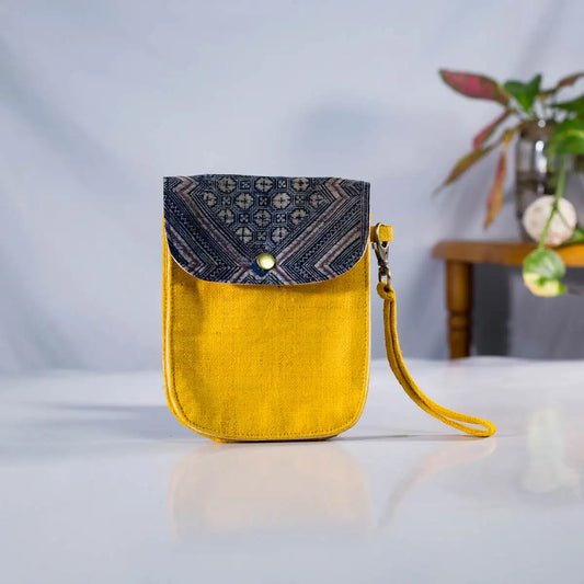 Yellow hemp flip phone belt bag with H’Mong patch, eco-friendly handmade design.