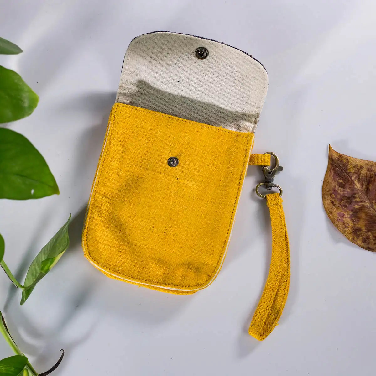 Open yellow hemp flip phone belt bag with H’Mong patch