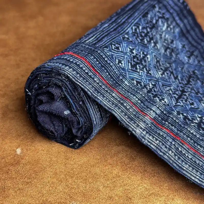 Single red stripe authentic H'mong batik on cotton - recycled fabric