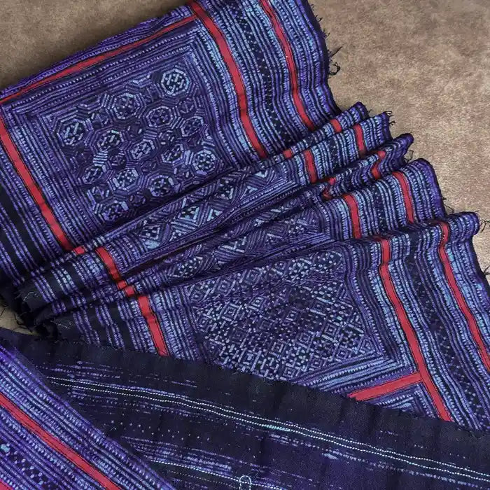 Red squared pattern authentic H'mong batik on cotton - recycled fabric