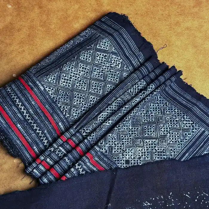 Red stripes authentic H'mong batik on cotton - recycled fabric