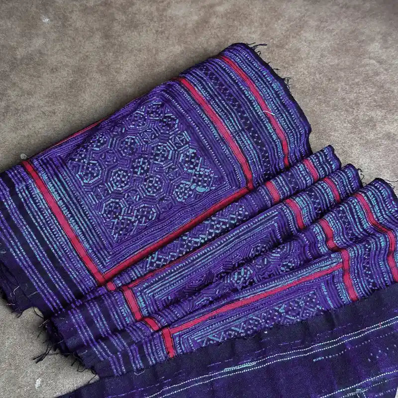 Red squared pattern authentic H'mong batik on cotton - recycled fabric