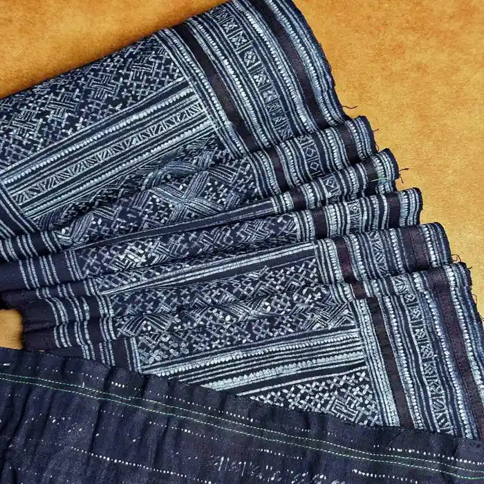 Dark brown striped authentic H'mong batik on cotton - recycled fabric