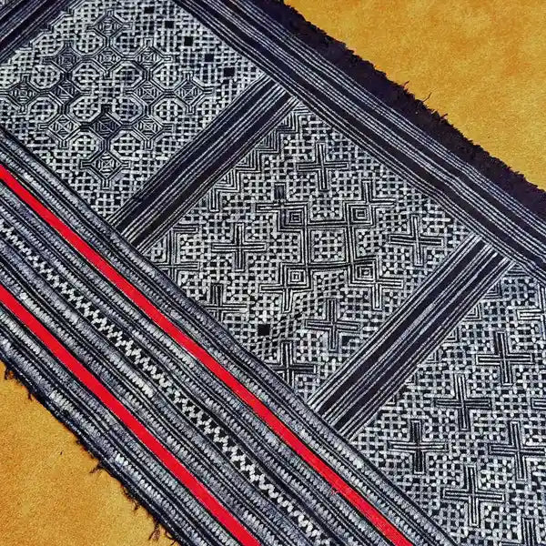 Red stripes authentic H'mong batik on cotton - recycled fabric