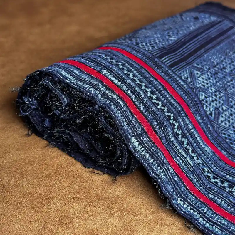 Red stripes authentic H'mong batik on cotton - recycled fabric