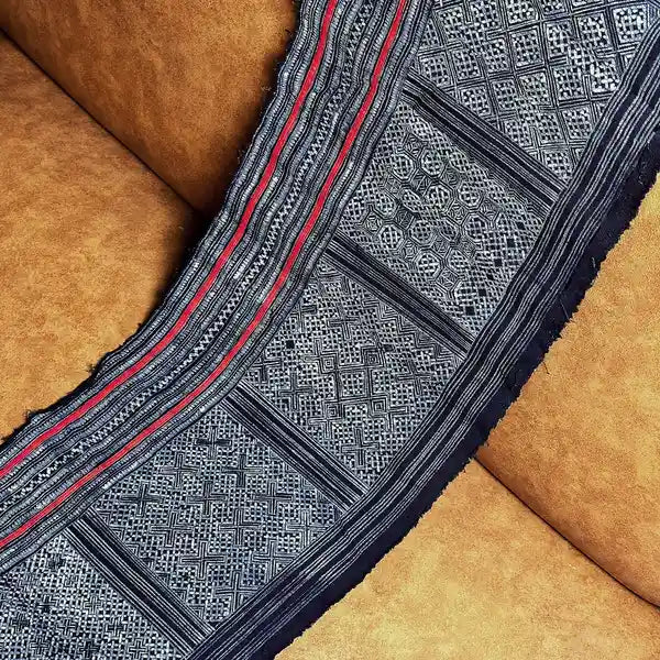 Red stripes authentic H'mong batik on cotton - recycled fabric