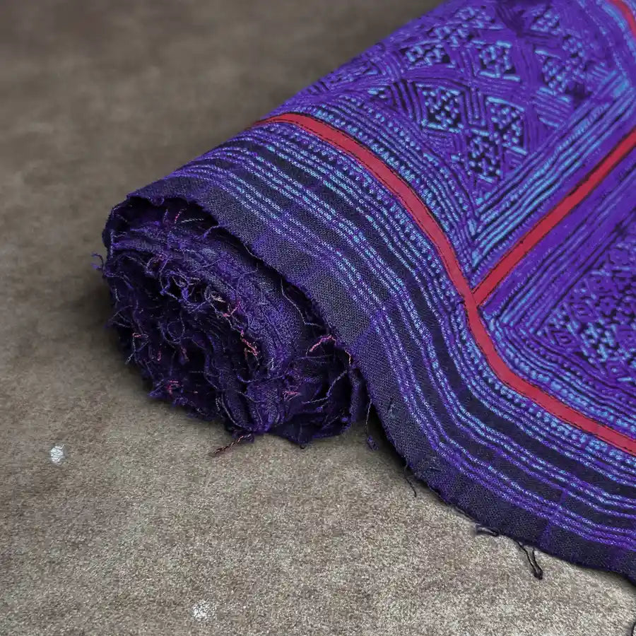 Red squared pattern authentic H'mong batik on cotton - recycled fabric