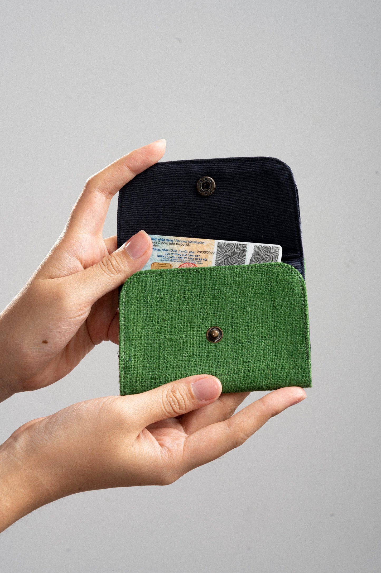 Emerald Green Hemp card holder, Indigo Batik fabric
