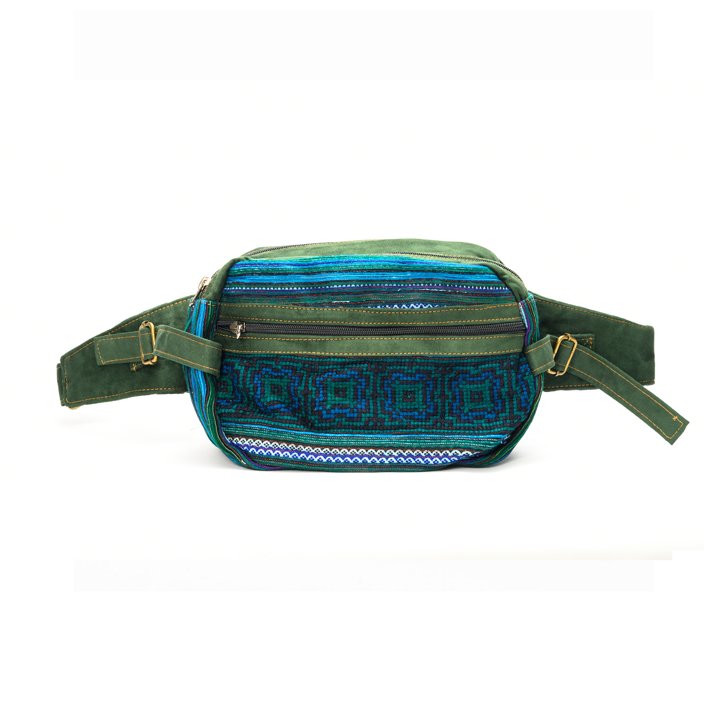 Green Waist bag, embroidery and faux leather