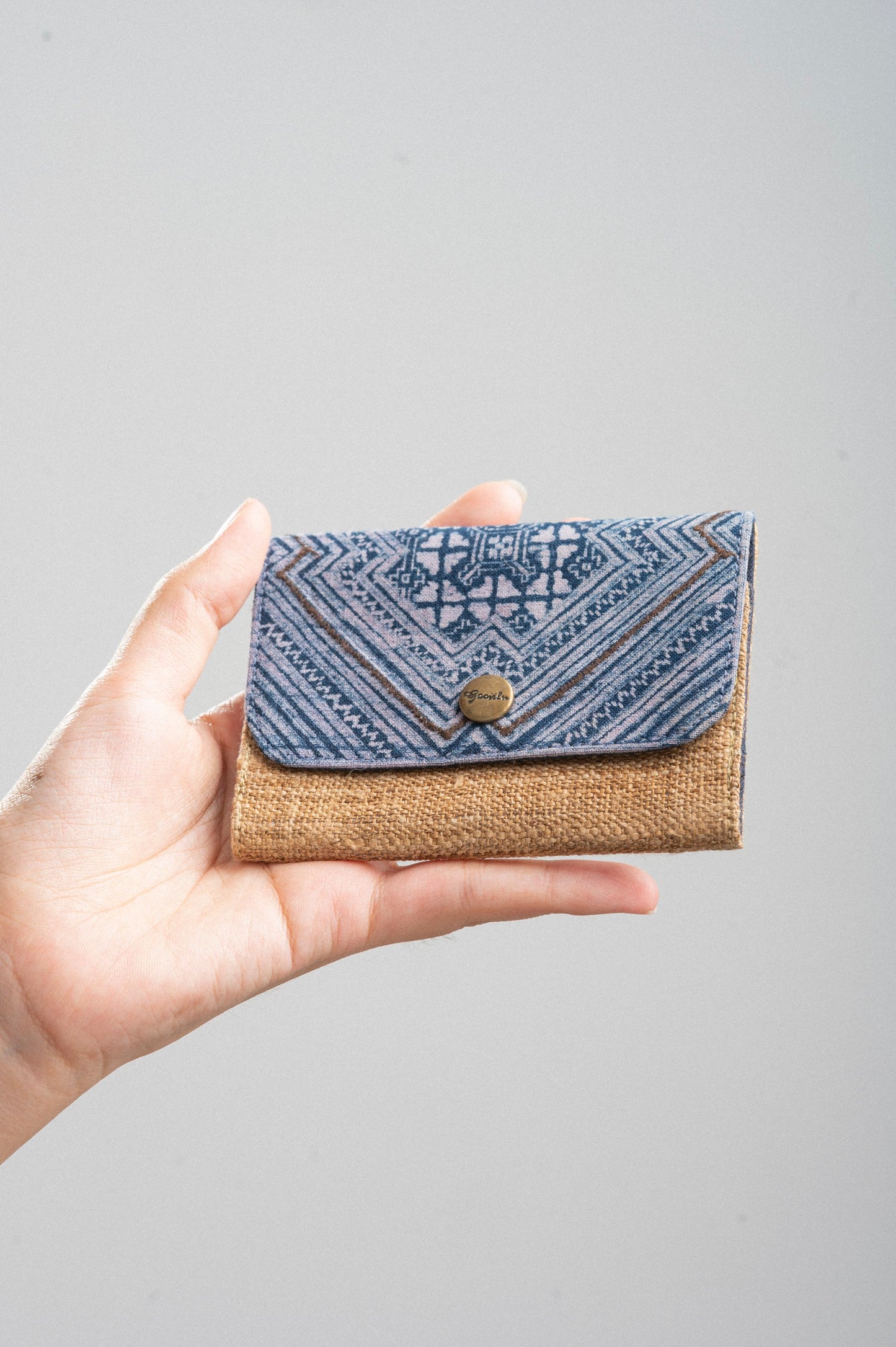 Brown Hemp card holder, Indigo Batik fabric