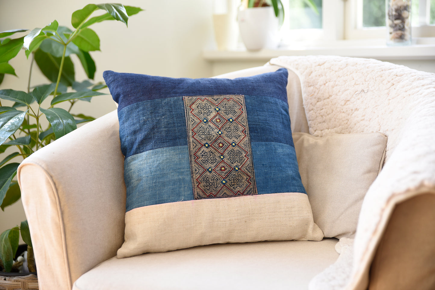 Indigo Hemp Cushion Cover, H'mong batik pattern